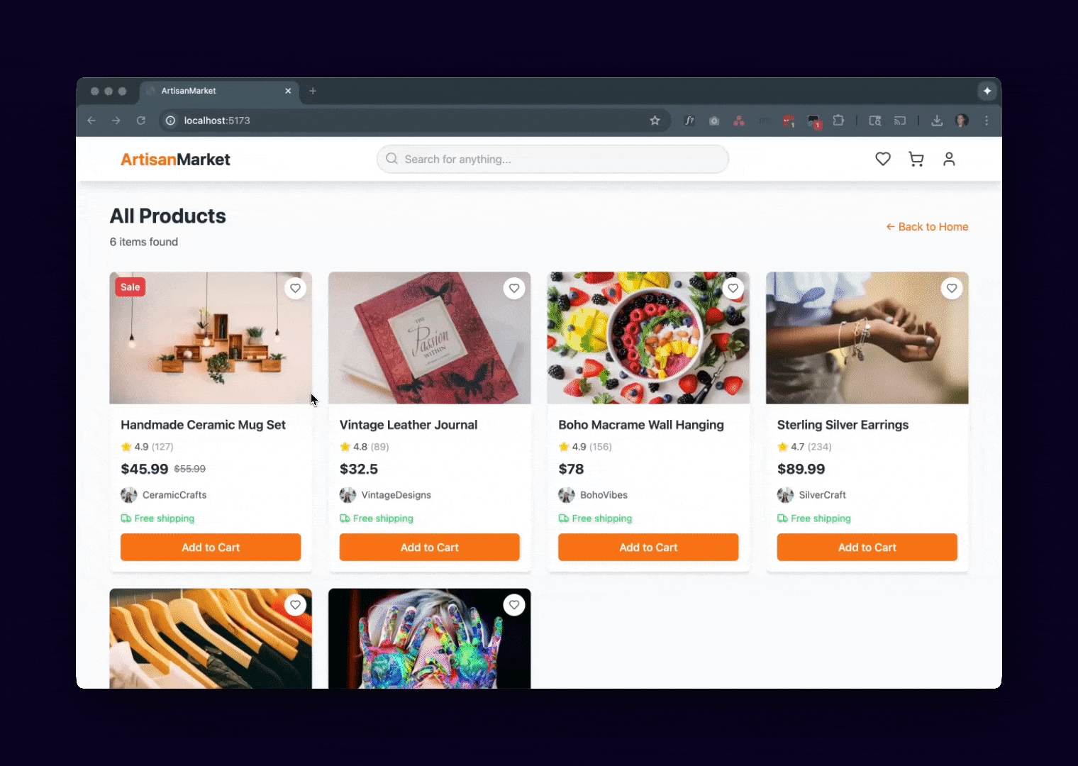 ArtisanMarket 拥有商品网格展示和单个商品页面。