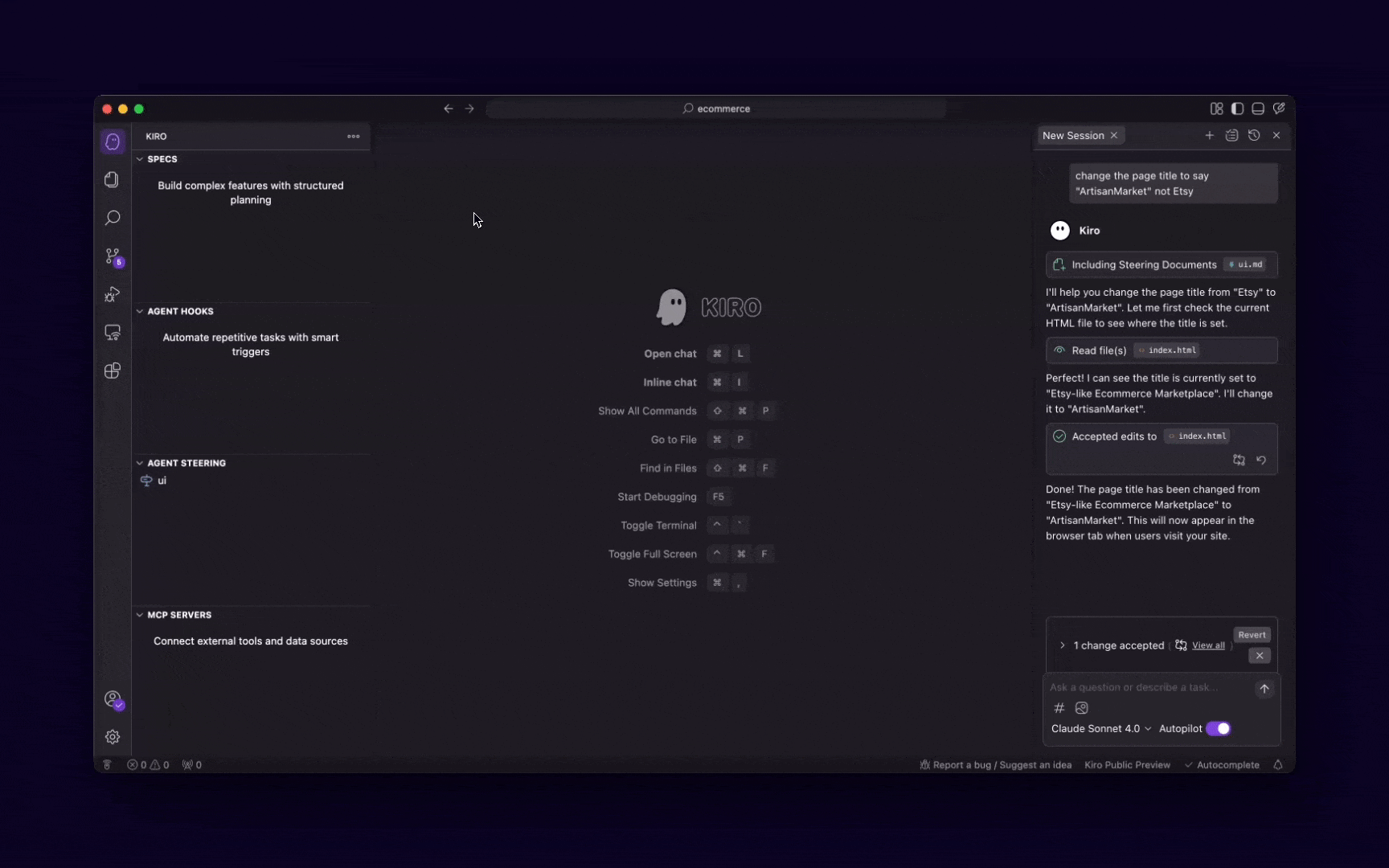 IDE 显示提示“添加产品评论系统”，随后显示 AI 生成的 Markdown 代码。